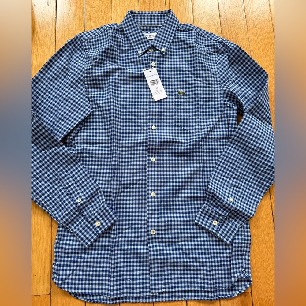 Lacoste Men's Navy and White Plaid Shirt